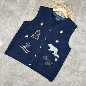 Woolrich John Rich & Bros 100% Wool Sweater Vest Polar Bear Patchworks Navy XL